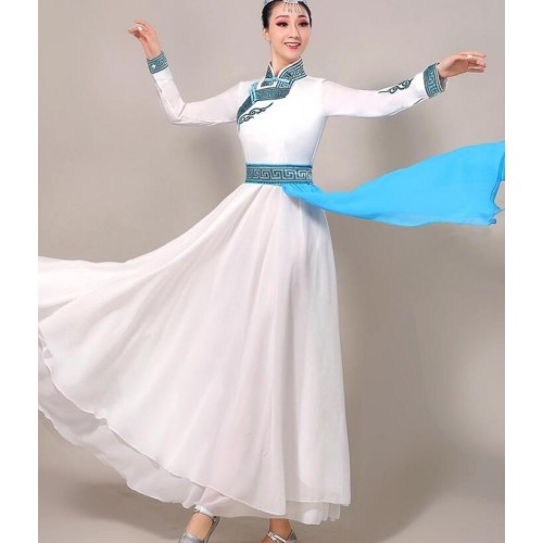 White with blue Mongolian dance dresses female modern ethnic minority wild goose swing skirt Mongolian patriarch performance gown